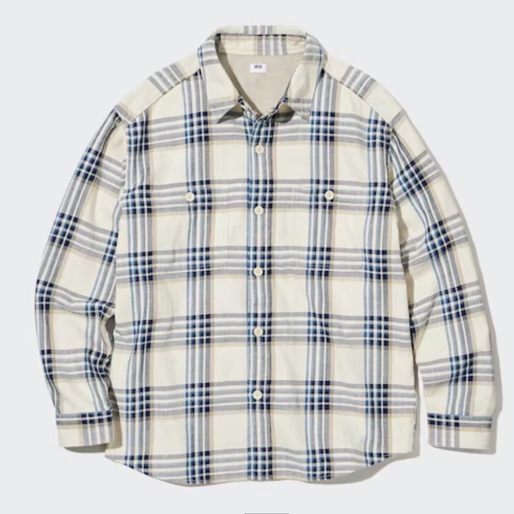 Uniqlo Slub Cotton Checked Long-Sleeve Shirt Jacket Shacket Natural Colorway-XL